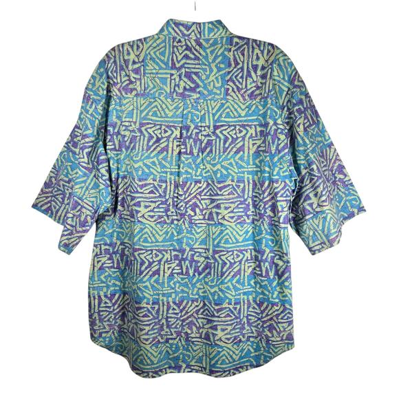 VINTAGE Bugle Boy Shirt Mens XL Blue Purple Abstract Geometric Button Front 90s - Picture 7 of 12